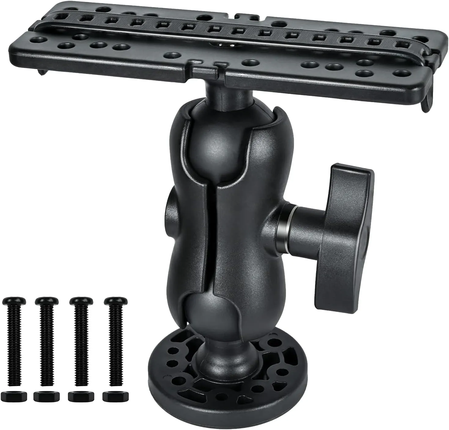 Fish Finder Mount Base, Universal 360 Rotation Ball-Mount Fish Finder Bracket, Nylon & Stainless Steel Electronic Fish Finder Holder for Marine Boat Kayak Pontoon Canoe Helix Garmin, 4*Srews, 4*Nuts