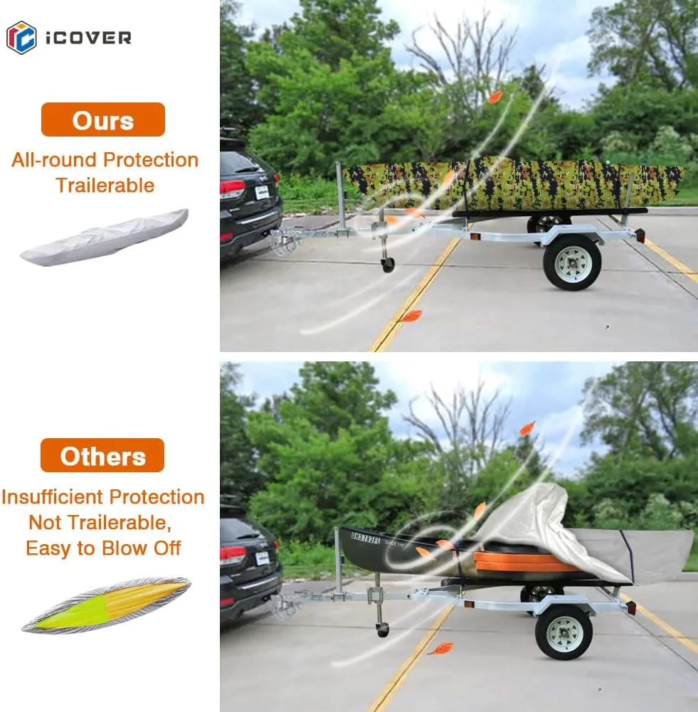 i COVER 10ft Kayak Cover- Water Resistant Heavy Duty Kayak/Canoe Cover Fits Kayak or Canoe up to 10ft Long and Beam Width up to 27in, Camo