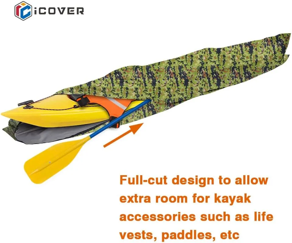 i COVER 10ft Kayak Cover- Water Resistant Heavy Duty Kayak/Canoe Cover Fits Kayak or Canoe up to 10ft Long and Beam Width up to 27in, Camo