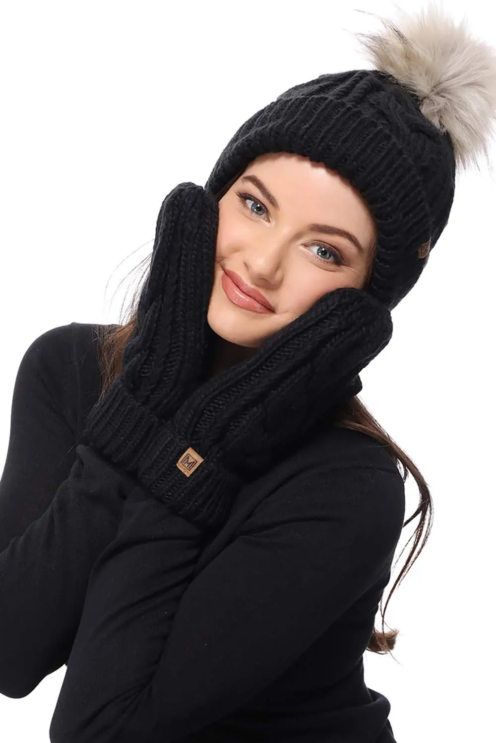 MIRMARU Womens Warm Winter Gloves Cozy Soft Cable Knit Mittens with Fleece Lining