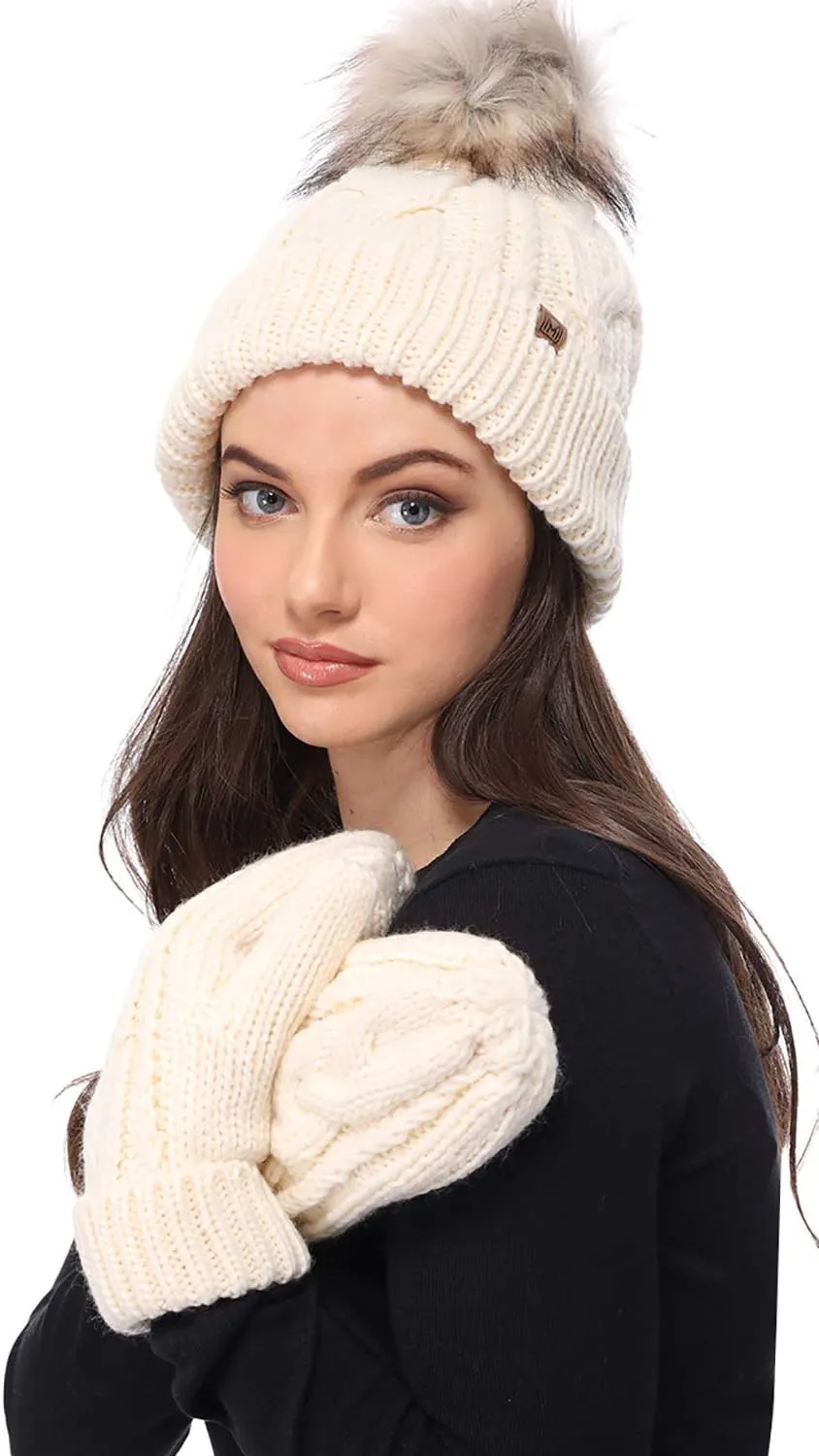 MIRMARU Womens Warm Winter Gloves Cozy Soft Cable Knit Mittens with Fleece Lining