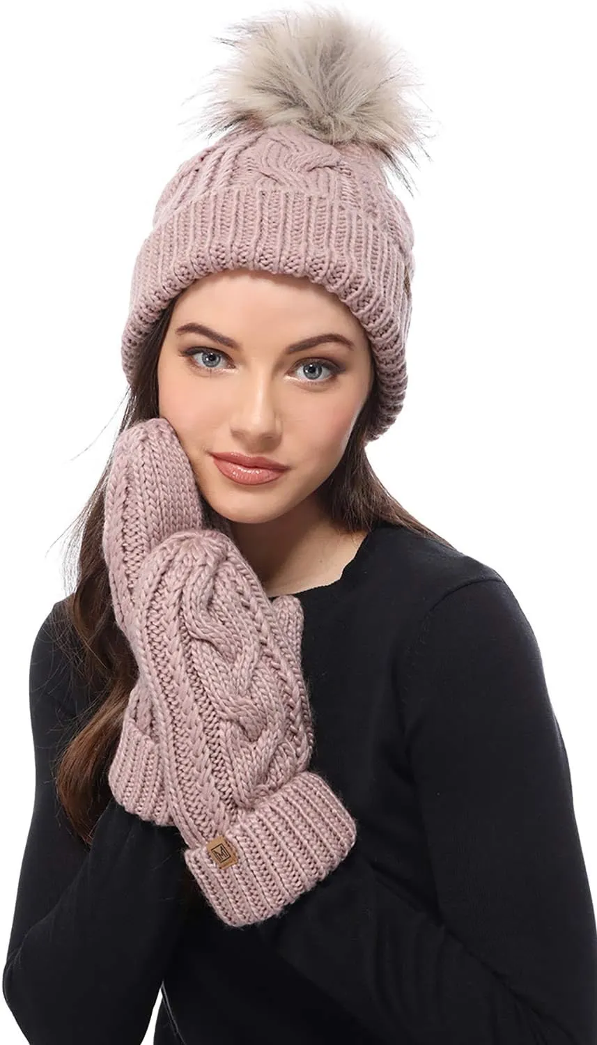 MIRMARU Womens Warm Winter Gloves Cozy Soft Cable Knit Mittens with Fleece Lining