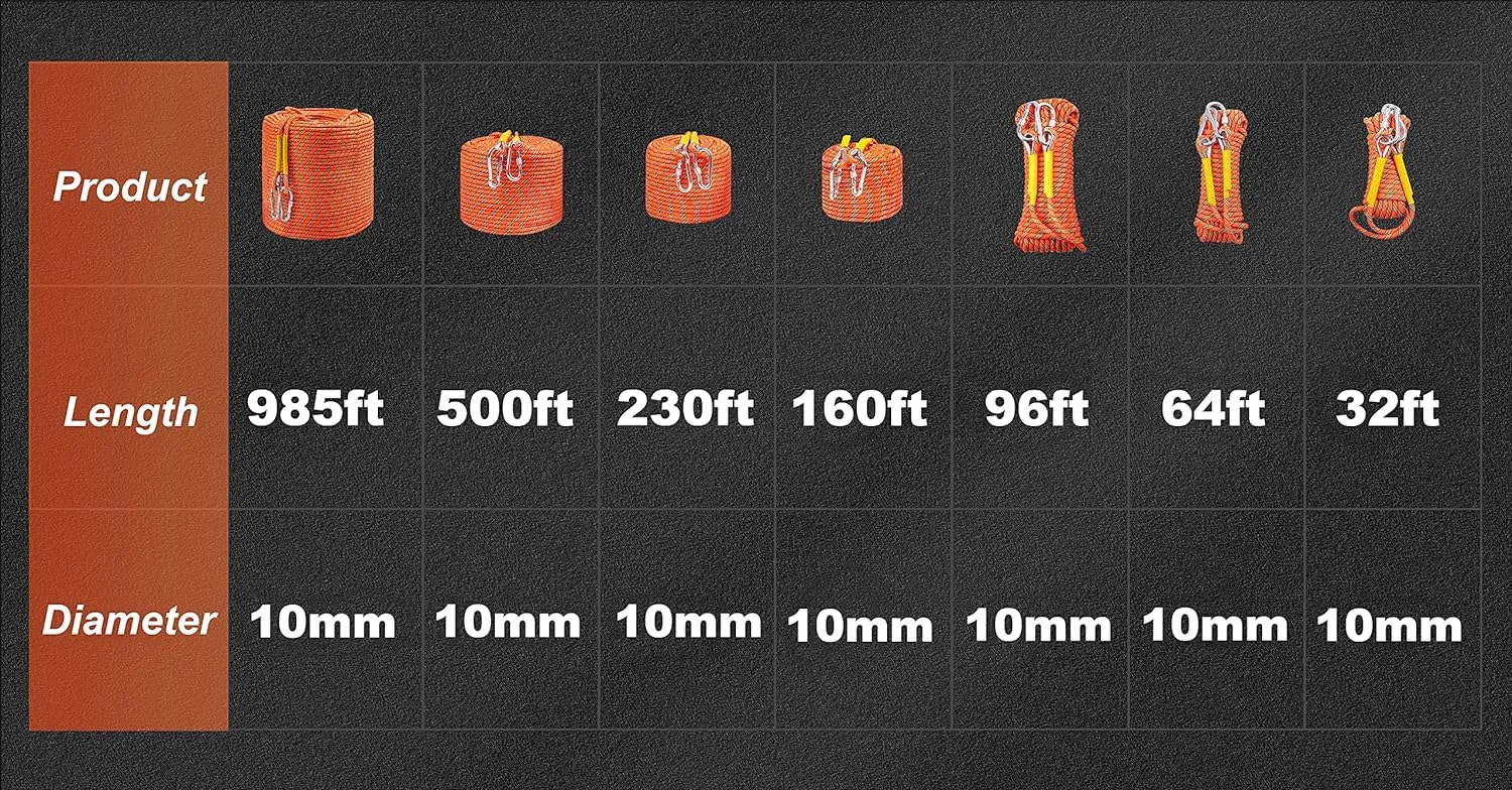 Nice C Climbing Rope, Rescue Rope, Construction Rope, Rock Climbing Rope, Static 10mm 32ft/64ft/96ft/160ft/230ft/500ft/985ft/1000ft with Carry Bag (Orange, 20M(64ft))