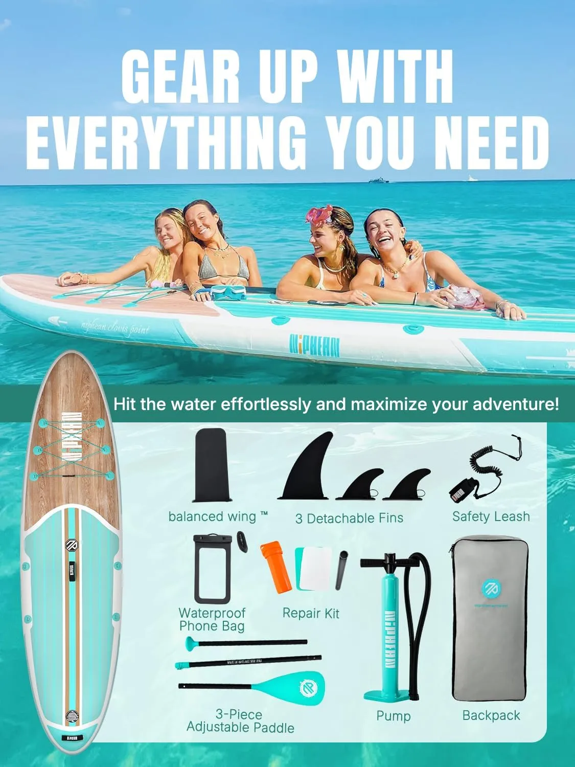 Niphean Inflatable Stand Up Paddle Board with SUP Accessories, Anti-Slip EVA Deck, 106 Inflatable Paddle Boards for Adults & Youth of All Skill Levels