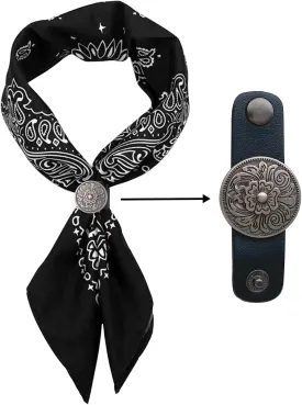 Oversized Western Style Bandana Scarf Set with Antique Silver Floral Buckle,27.5 * 27.5 inch, Black Paisley Pattern