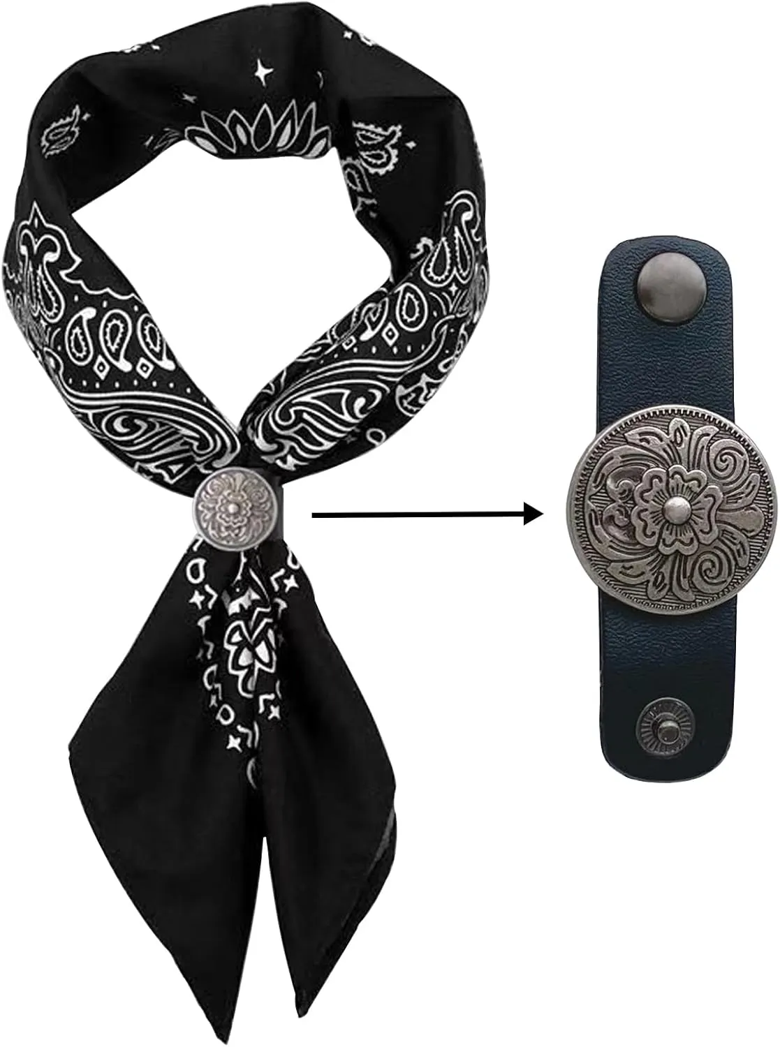 Oversized Western Style Bandana Scarf Set with Antique Silver Floral Buckle,27.5 * 27.5 inch, Black Paisley Pattern