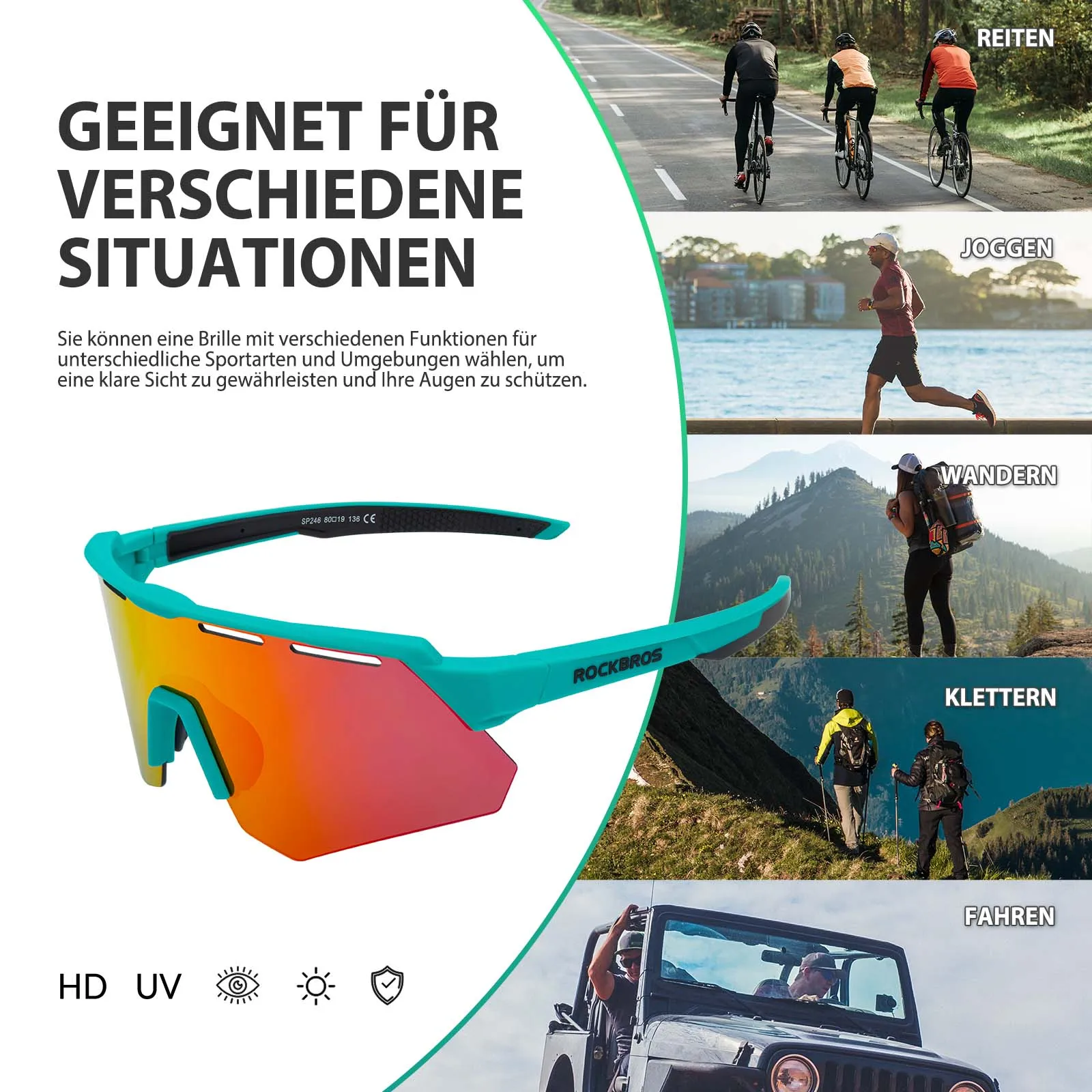 ROCKBROS Polarisierte Fahrradbrille mit 4 Wechselgläser