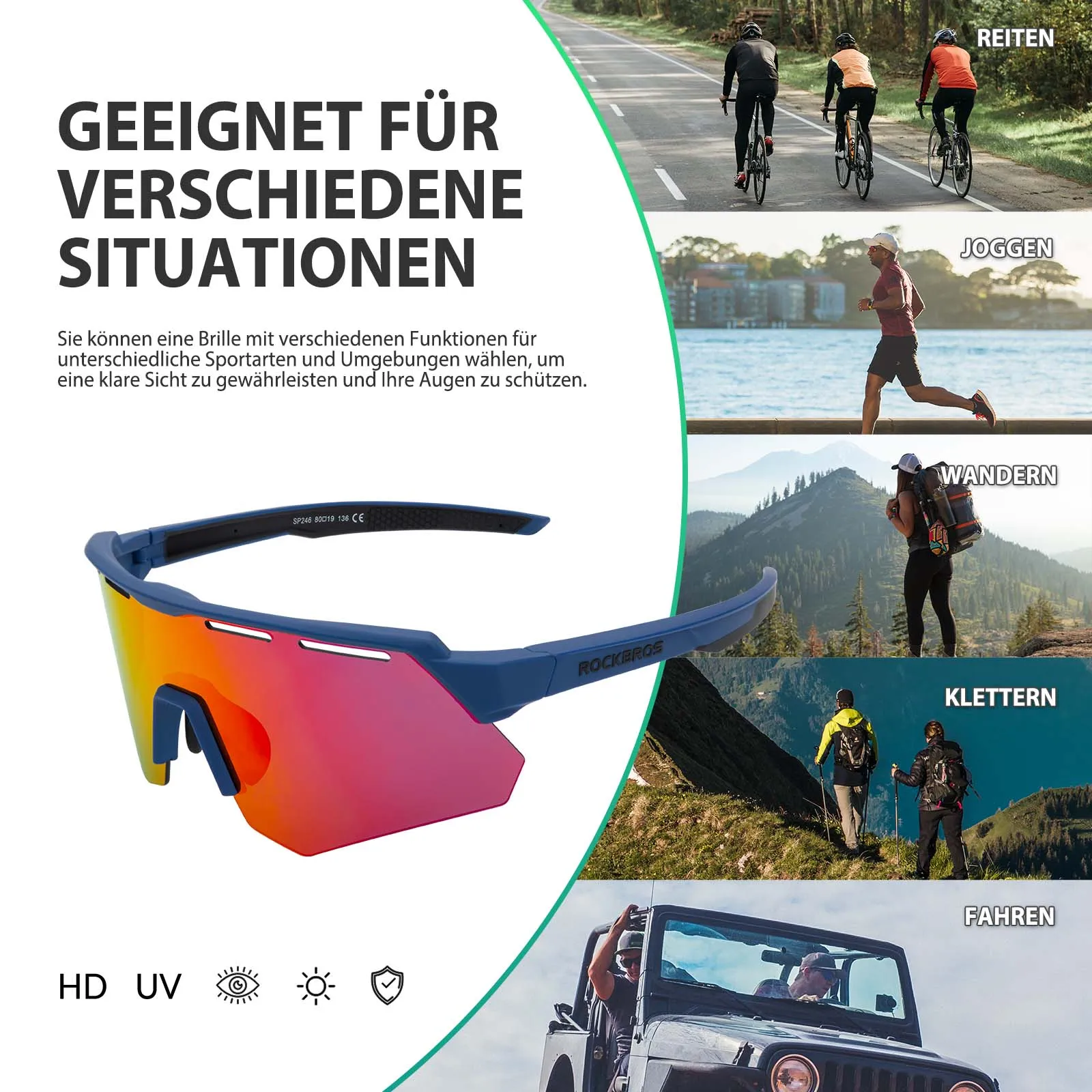 ROCKBROS Polarisierte Fahrradbrille mit 4 Wechselgläser
