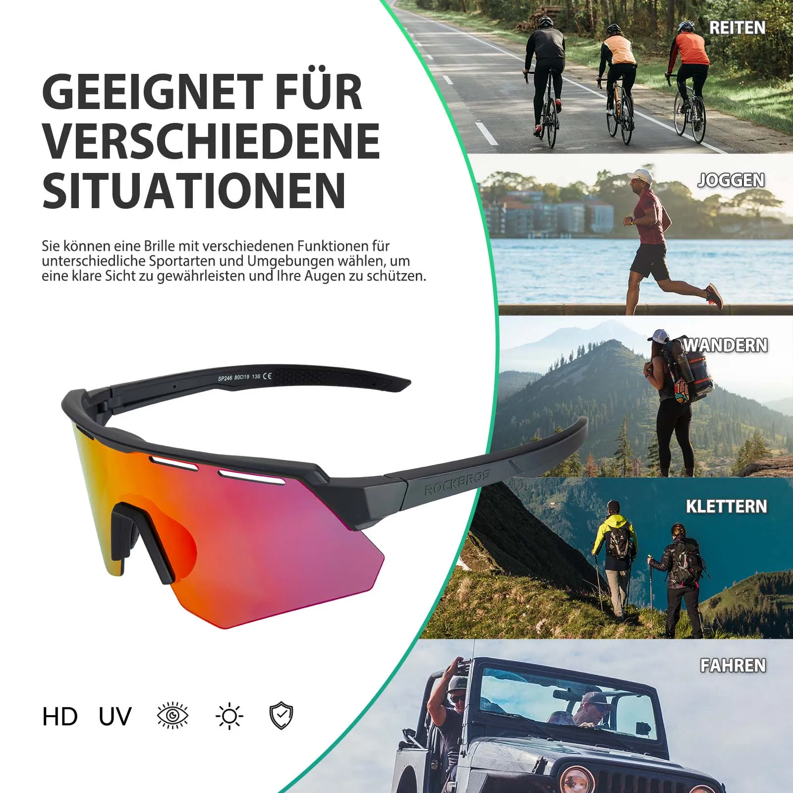 ROCKBROS Polarisierte Fahrradbrille mit 4 Wechselgläser