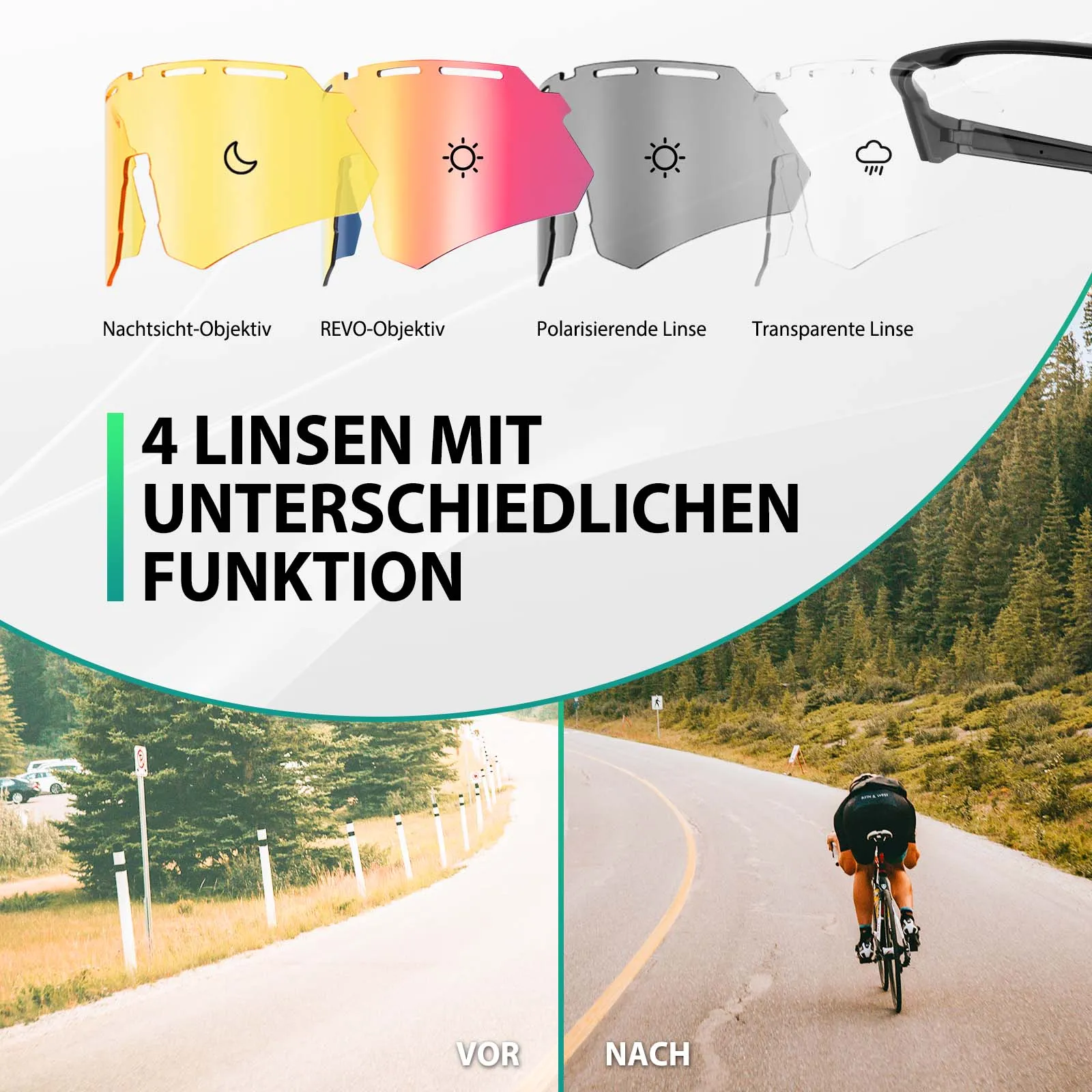 ROCKBROS Polarisierte Fahrradbrille mit 4 Wechselgläser
