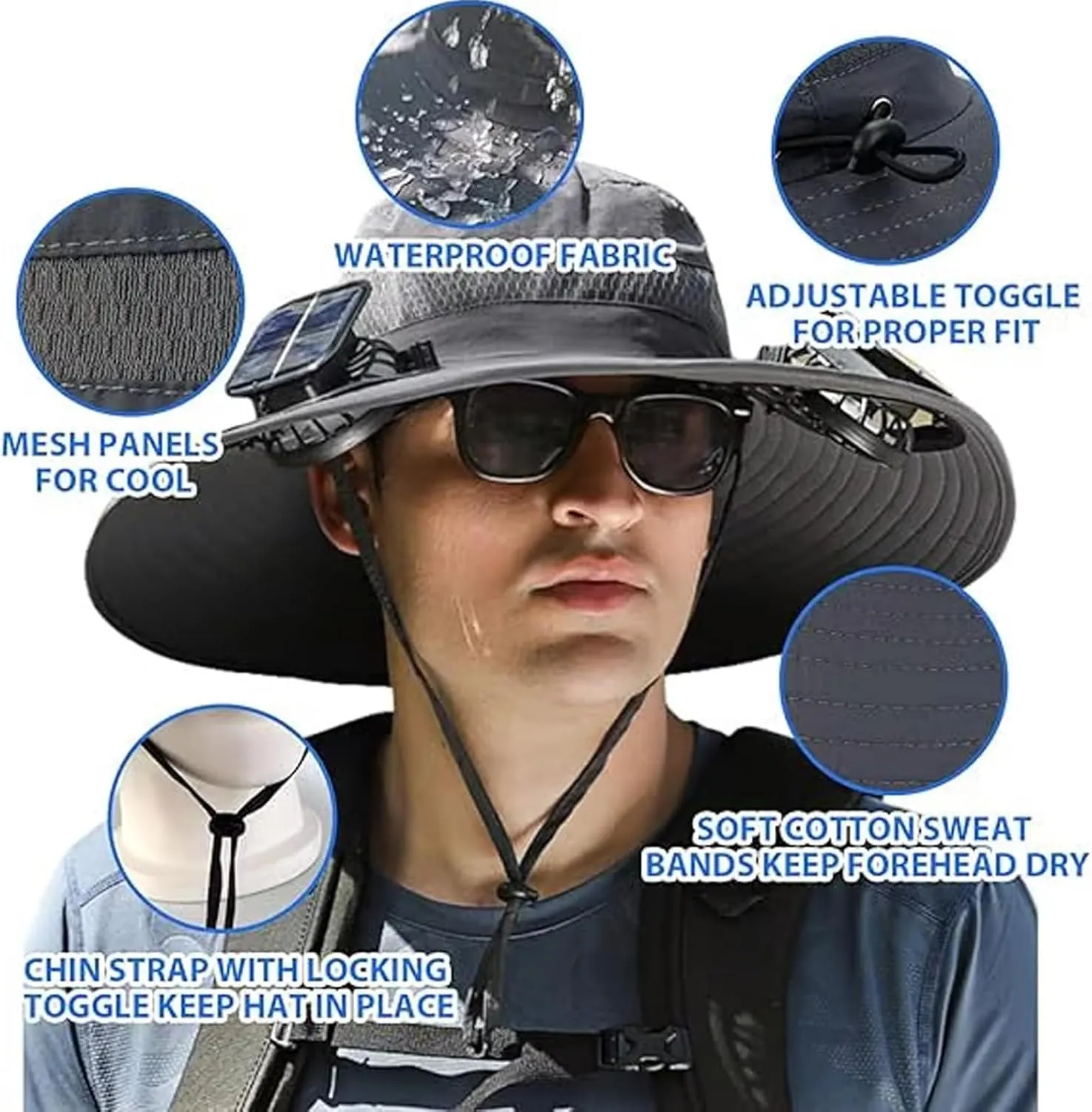 Solar Brim Hat with Fan, Solar Powered Fan Cooling Hat  for Outdoor Work and Fishing, Fishing Hat with Built in Fan