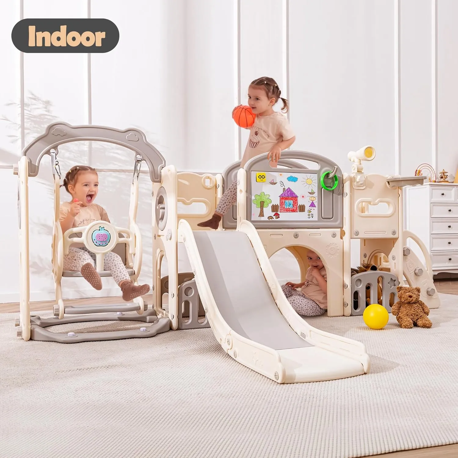 Toddler Slide Set 12 in 1, Large Kids Swing and Slide playSet for Toddlers 1-3, Outdoor Indoor Playground with Climber, Basketball Hoop, Tunnel and Storage Space (Beige Grey)