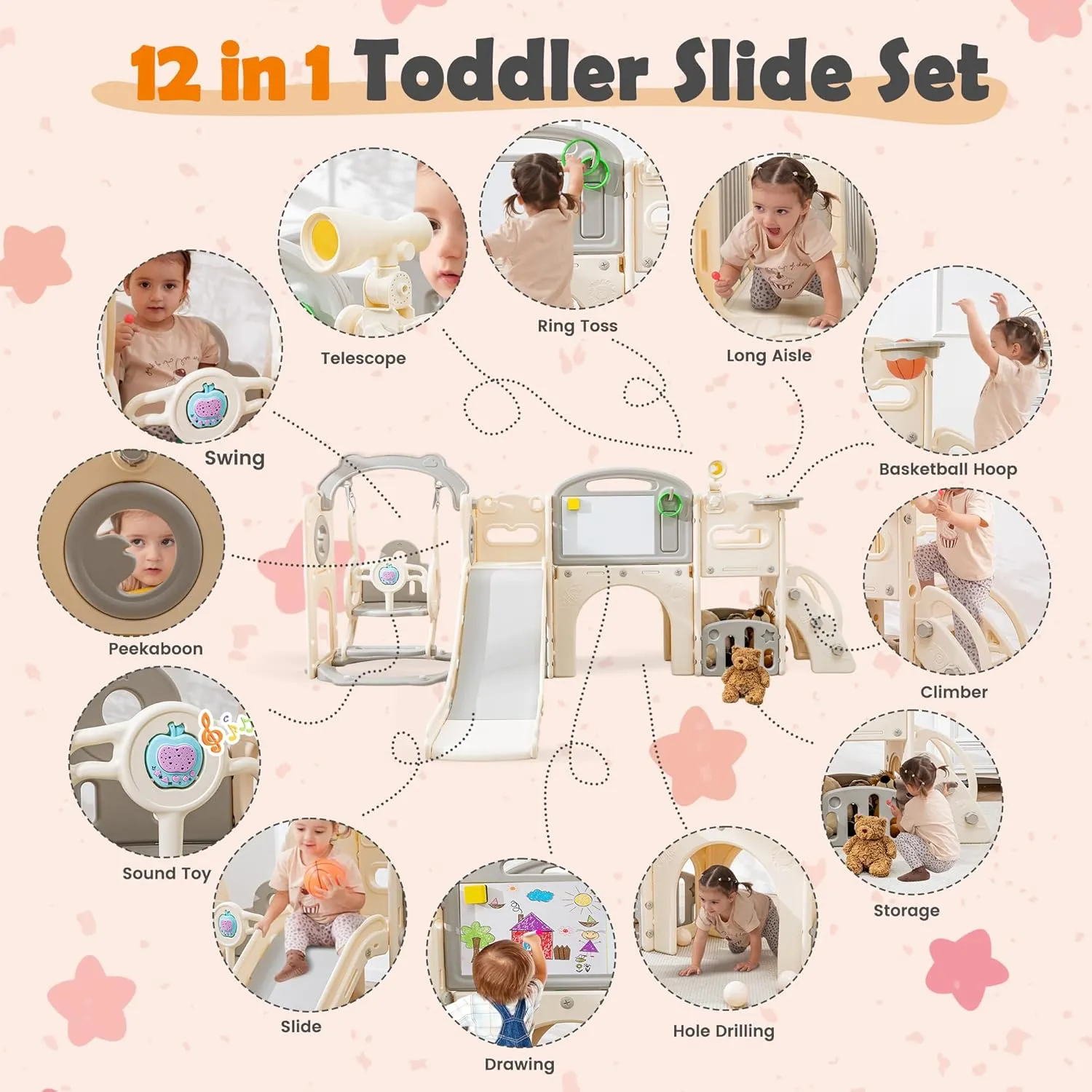Toddler Slide Set 12 in 1, Large Kids Swing and Slide playSet for Toddlers 1-3, Outdoor Indoor Playground with Climber, Basketball Hoop, Tunnel and Storage Space (Beige Grey)