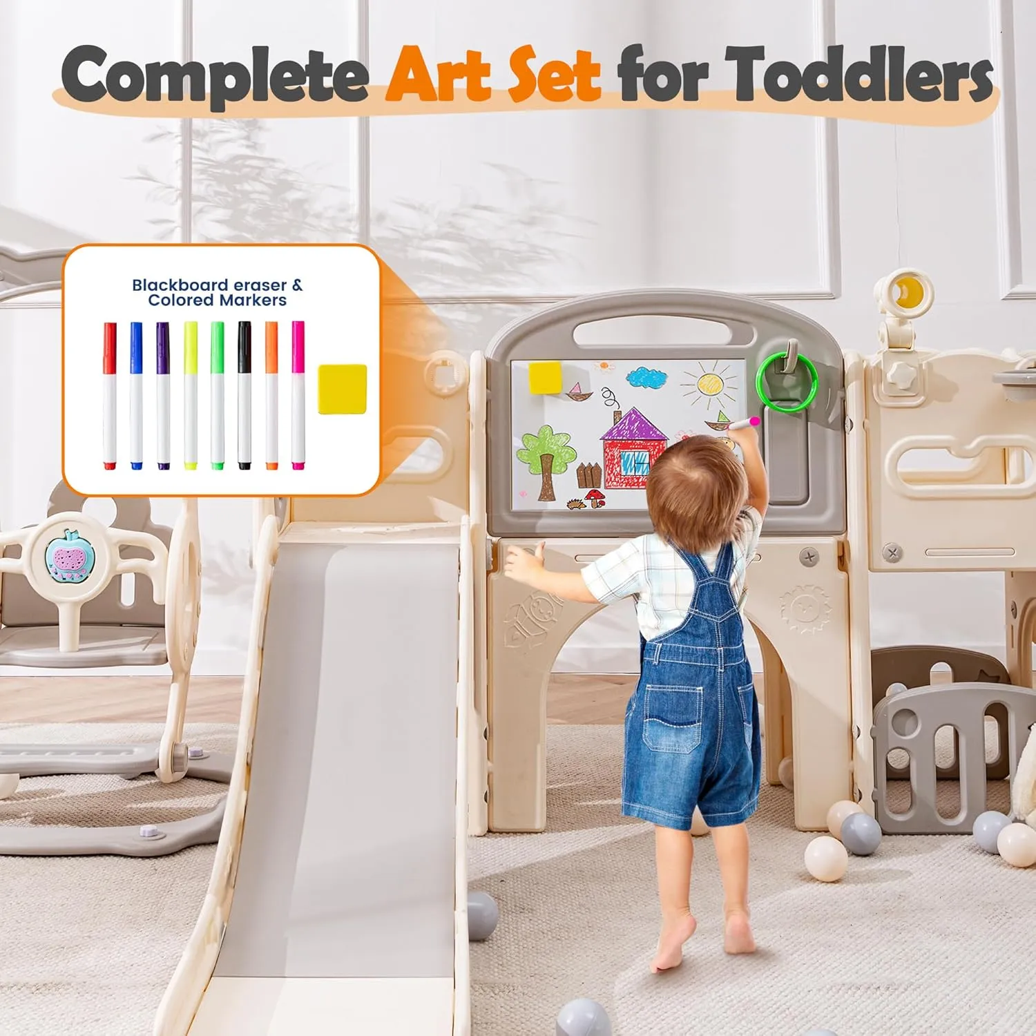 Toddler Slide Set 12 in 1, Large Kids Swing and Slide playSet for Toddlers 1-3, Outdoor Indoor Playground with Climber, Basketball Hoop, Tunnel and Storage Space (Beige Grey)