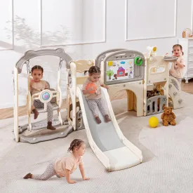 Toddler Slide Set 12 in 1, Large Kids Swing and Slide playSet for Toddlers 1-3, Outdoor Indoor Playground with Climber, Basketball Hoop, Tunnel and Storage Space (Beige Grey)