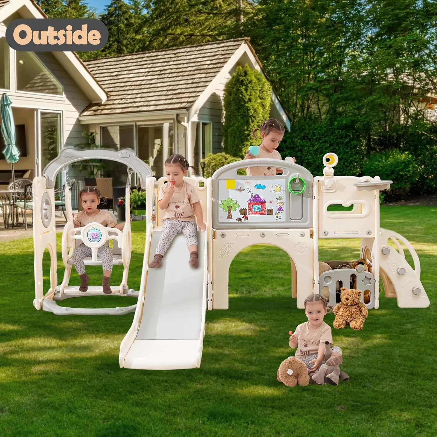 Toddler Slide Set 12 in 1, Large Kids Swing and Slide playSet for Toddlers 1-3, Outdoor Indoor Playground with Climber, Basketball Hoop, Tunnel and Storage Space (Beige Grey)