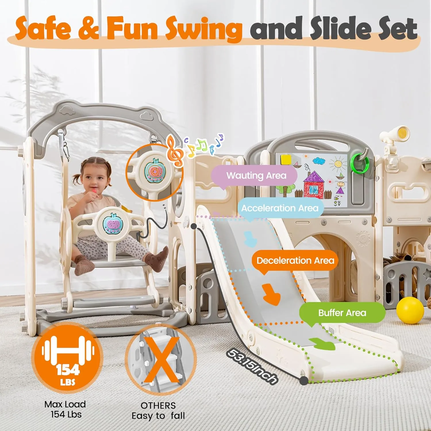 Toddler Slide Set 12 in 1, Large Kids Swing and Slide playSet for Toddlers 1-3, Outdoor Indoor Playground with Climber, Basketball Hoop, Tunnel and Storage Space (Beige Grey)