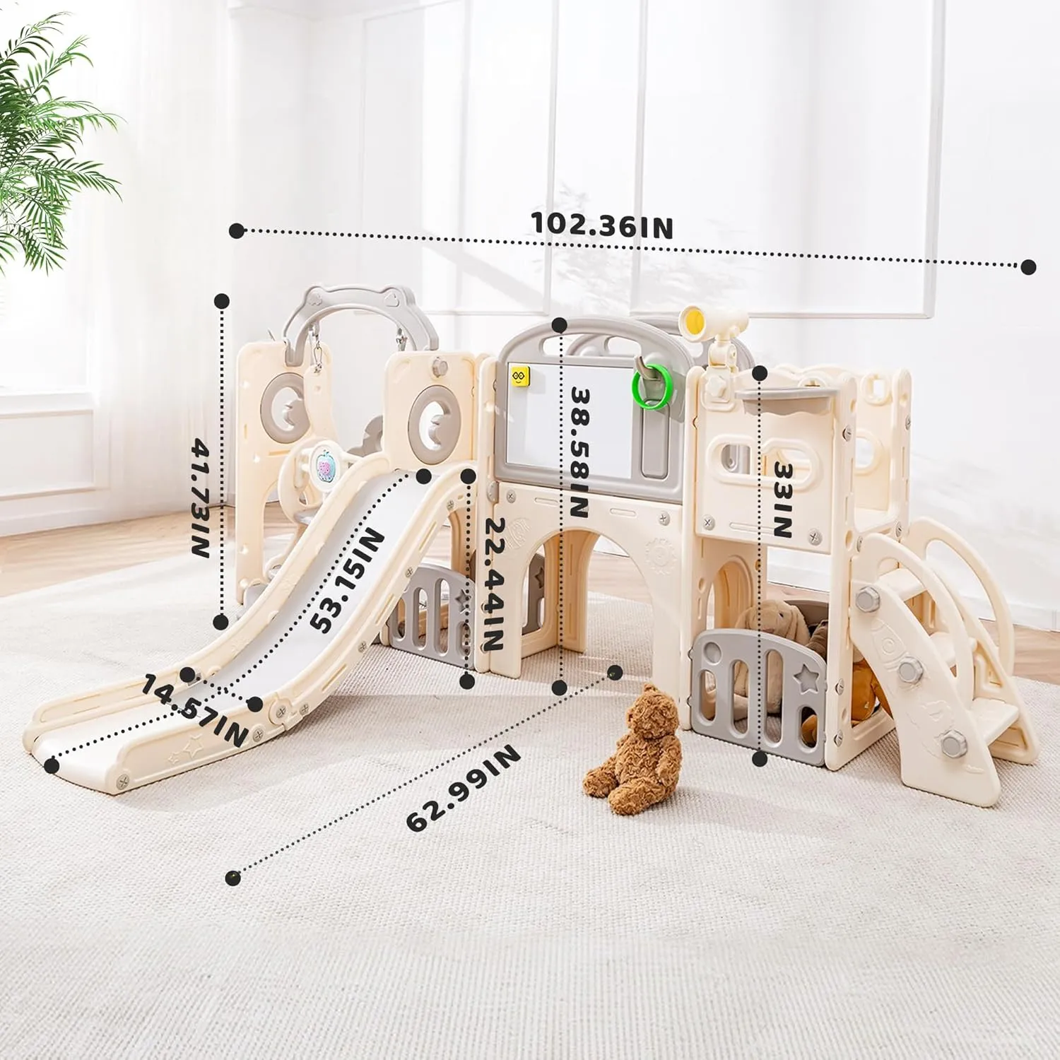 Toddler Slide Set 12 in 1, Large Kids Swing and Slide playSet for Toddlers 1-3, Outdoor Indoor Playground with Climber, Basketball Hoop, Tunnel and Storage Space (Beige Grey)