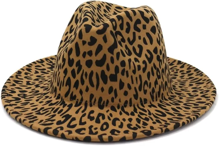 Women Men Patchwork Leopard Print Wide Brim Fedora Hat Party Trilby Church Hats Panama Cap