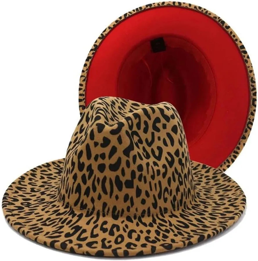 Women Men Patchwork Leopard Print Wide Brim Fedora Hat Party Trilby Church Hats Panama Cap