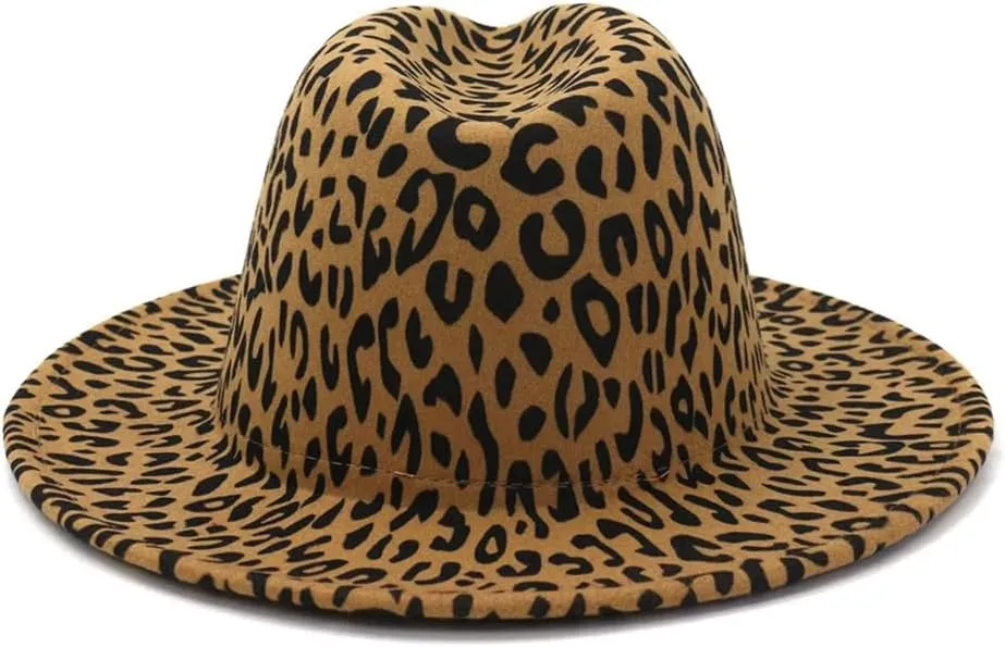 Women Men Patchwork Leopard Print Wide Brim Fedora Hat Party Trilby Church Hats Panama Cap